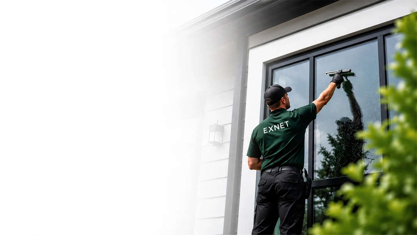 Technicien EXNET en lavage de vitres sur une propriété résidentielle à Québec